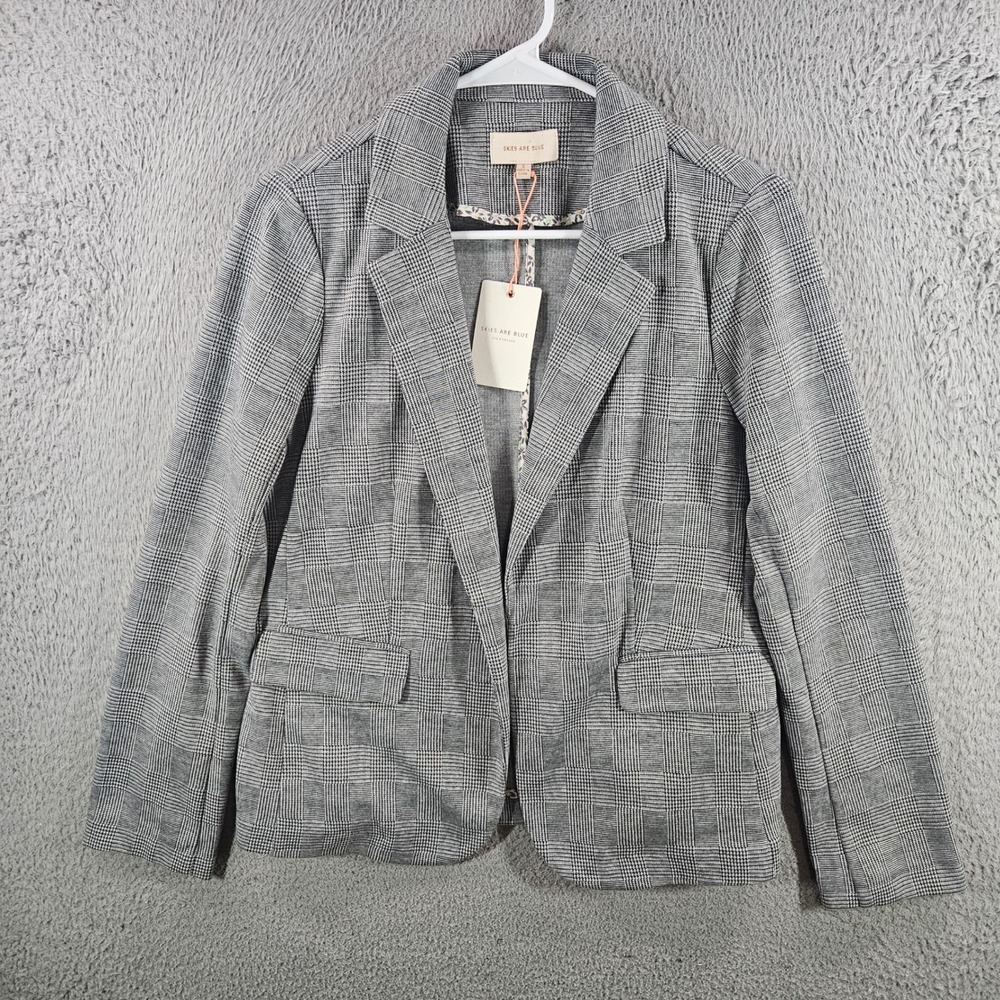 Skies Are Blue Womens Grey Glen Plaid Open Front‎ Blazer Jacket Small NWT NEW